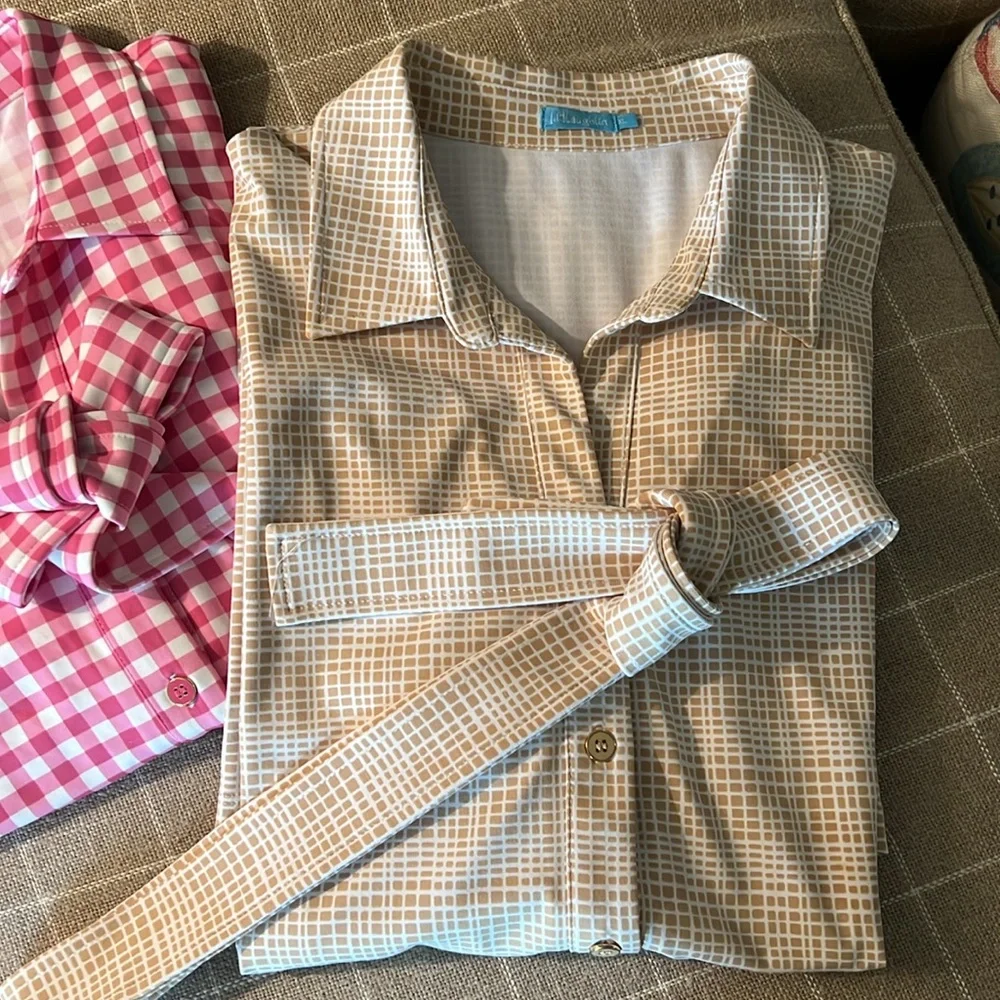 J. McLaughlin (2 dresses) Pink Gingham & Tan Check Shirt Dresses - Picture 10 of 10